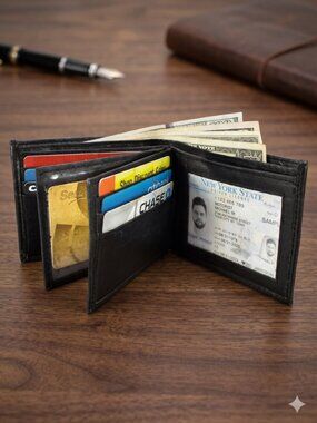 Men Lambskin Leather Wallet with Bifold 2 Center Flap, Black